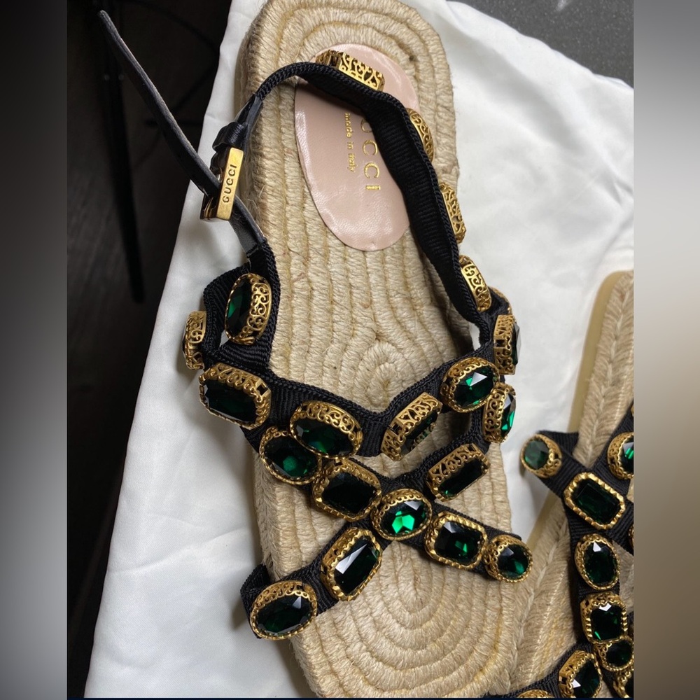 Gucci crystal embellished espadrille black grosgrain flat sandals - Picture 7 of 7